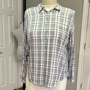 LOFT Blue and White Plaid Button Down Shirt